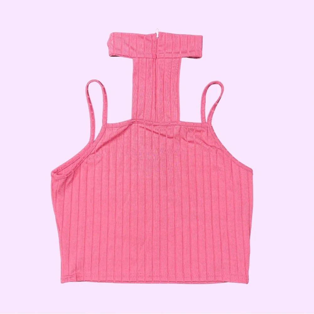 Pink Ribbed Halter Crop Top with Choker - Picture 2 of 3